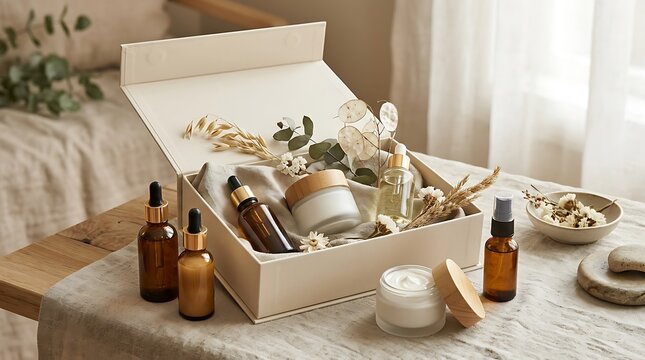 Natural organic skincare beauty gift set with glass dropper bottles and cream jars on a wooden table. exclusive skincare discounts