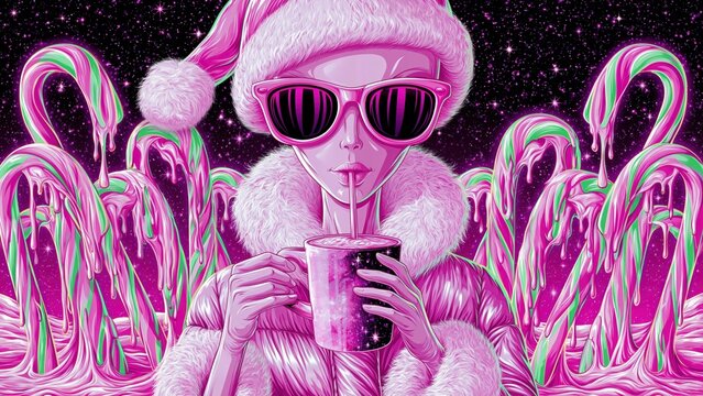 Pink alien wearing winter gear drinking hot chocolate Christmas background.