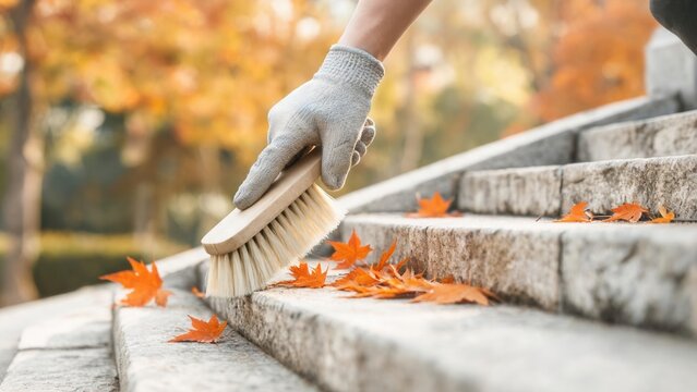 Person sweeping autumn leaves from stone steps