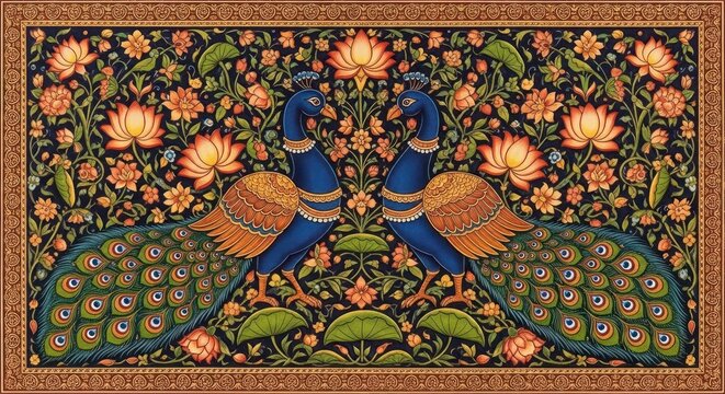 Exquisite Indian Miniature Painting of Two Peacocks Amidst Vibrant Floral Designs.