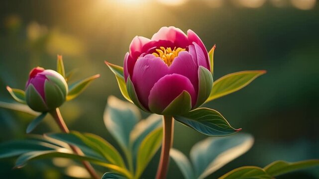 Beautiful pink peony flowers sway gently while blooming at sunset