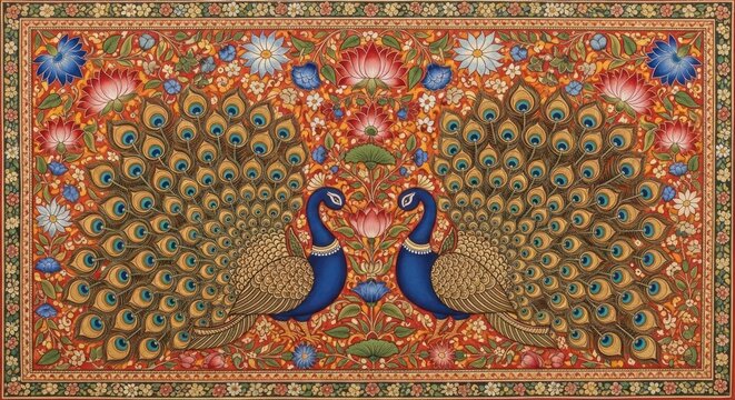 Exquisite Indian Miniature Painting of Two Peacocks Displaying Their Feathers.