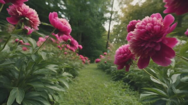 Vibrant pink peony flowers sway gently along a lush garden path