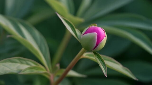 Pink peony flowers sway gently in a lush green summer garden