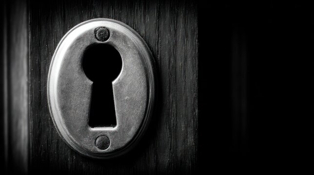 Close up of a keyhole on a wooden door in black and white