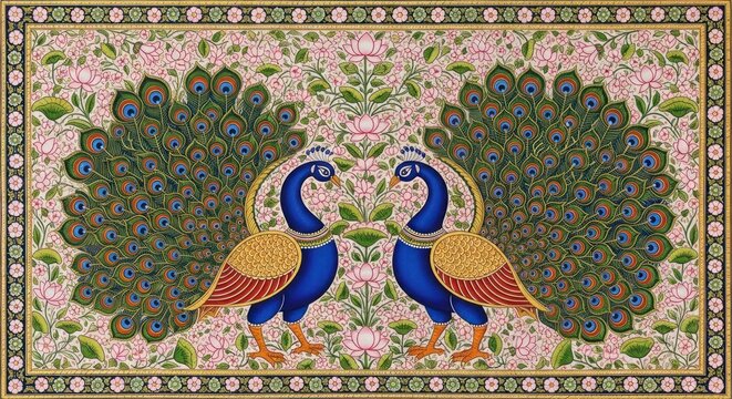 Exquisite Indian Miniature Painting of Two Peacocks in a Floral Garden.