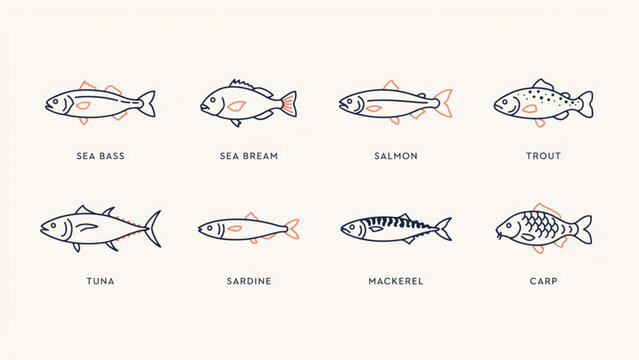 Set of simple outline fish icons representing different sea species in a minimal line art style
