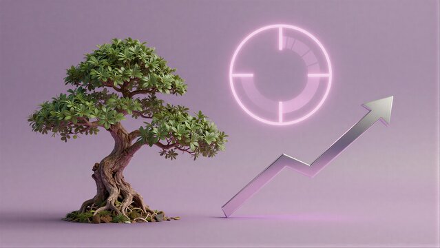 Bonsai tree beside glowing upward arrow and circular graph, symbolizing growth and stability.