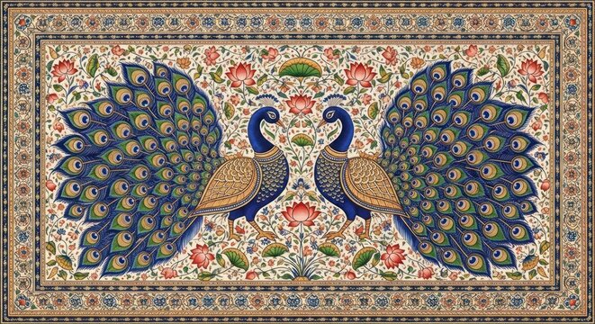 Exquisite Indian Miniature Painting of Two Peacocks with Intricate Floral Designs.