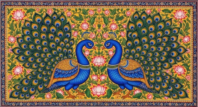 Exquisite Indian Miniature Painting of Two Royal Peacocks in Full Display.