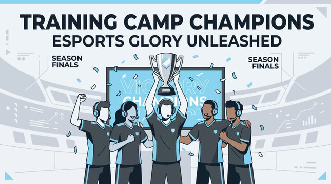 Esports Team Celebrates Victory Holding Trophy With Confetti Falling Team Champions