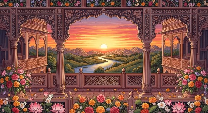 Exquisite Indian Palace Balcony Overlooking a Serene River at Sunset.