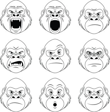 Gorilla with various expressive faces illustration