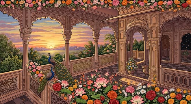 Exquisite Indian Palace Balcony Overlooking a Sunset with Peacock and Flowers.