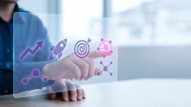 Business growth roi cost efficiency concept hand pointing digital screen target rocket chart network icons technology innovation success strategy