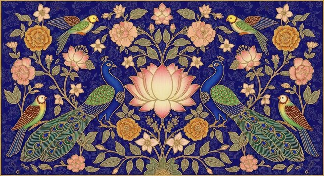Exquisite Indian Peacock and Lotus Floral Motif Art.