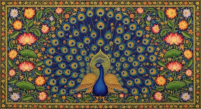 Exquisite Indian Peacock Art Detailed Floral Border.