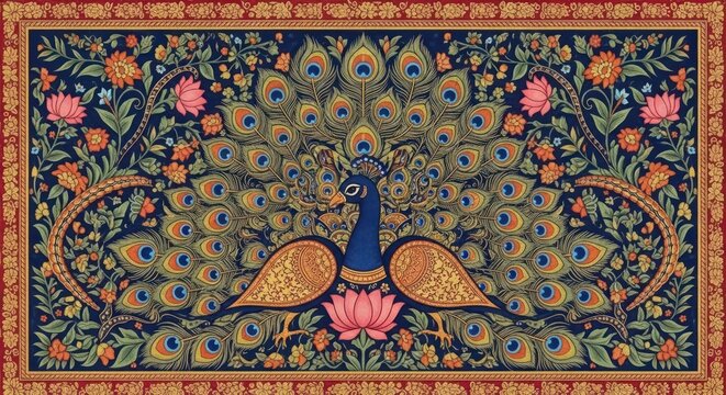 Exquisite Indian Peacock Art Detailed Floral Pattern.