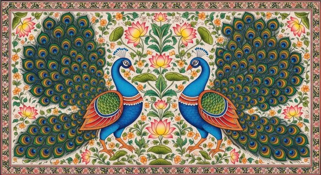 Exquisite Indian Peacock Art Painting with Floral Motifs.