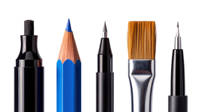 A collection of various writing and instruments including a black marker, a blue pencil, a fine liner, a flat brush, and a technical pen