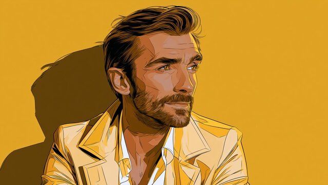 Handsome bearded man wearing yellow jacket against yellow background.