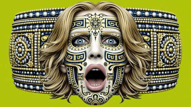 Steampunk golden mechanical woman face screaming against green background.