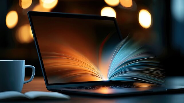 Digital pages bloom on a laptop screen, beside a coffee cup and open book