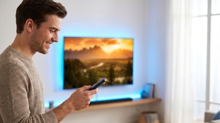 Fototapeta premium Young man using a remote control to adjust smart home lighting and television settings in a modern living room