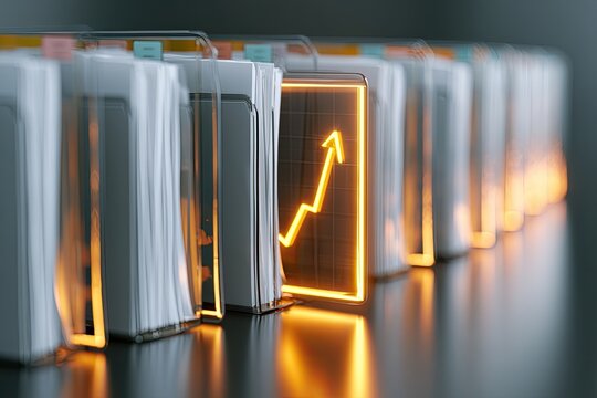 Row of files with one glowing with a rising graph