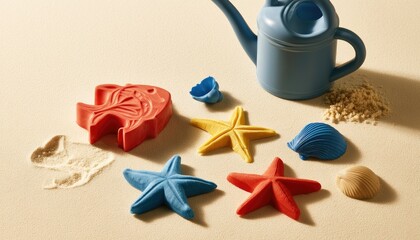 Fototapeta premium Colorful beach toys and a watering can arranged on a sandy surface