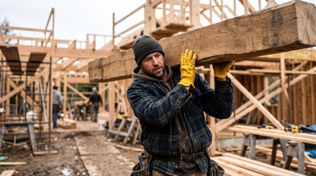 A construction worker carries a heavy wooden beam on his shoulder at a building site with wooden framing in the background