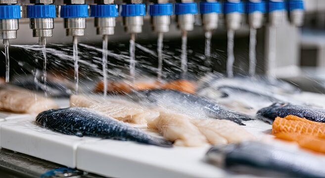 Automated process showers raw fish fillets on a conveyor belt