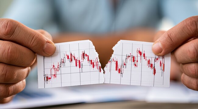 Hands tearing a financial graph, symbolizing a market crash or loss