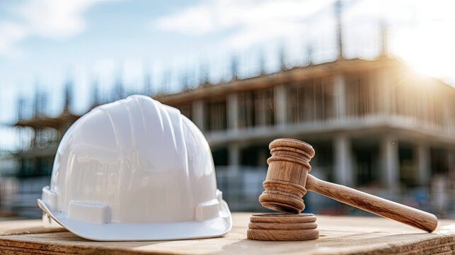 White hard hat and gavel on wooden planks at construction site