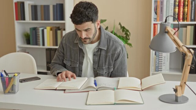 Young man writing with blue pen and hand on open notebooks and books at a desk in a study area inside a building; concentration learning.