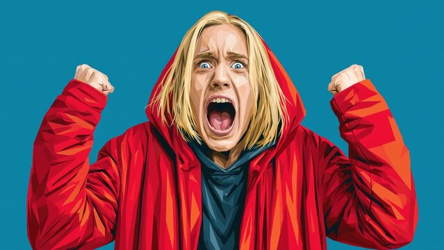 Screaming blonde woman wearing red coat against blue background.