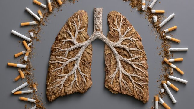 Diseased lungs surrounded by broken cigarettes and tobacco