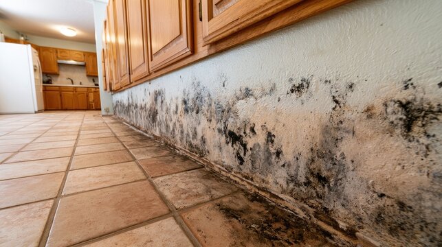 Kitchen wall with black mold growth near floor, showing tile, cabinets, and appliance