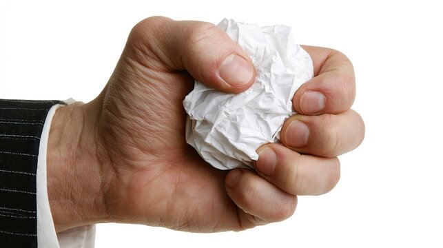 A tightly clenched fist holding a crumpled white paper ball