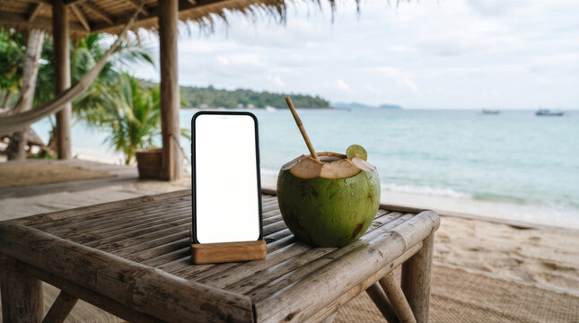 Smartphone with blank screen on a wooden stand next to a fresh coconut drink on a bamboo table at a tropical beach resort