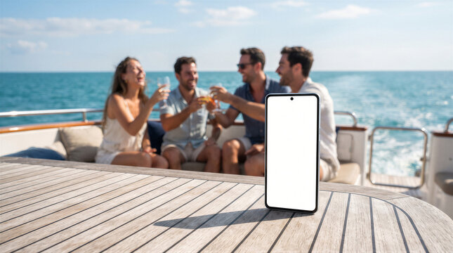 Smartphone with blank screen on a wooden deck of a yacht with a group of friends celebrating and drinking in the background