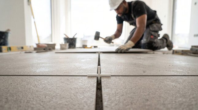 Professional tiler installing large ceramic floor tiles using plastic spacers and a rubber mallet in a modern residential construction site