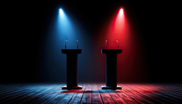 Two empty podiums bathed in contrasting red and blue spotlights on a dark stage