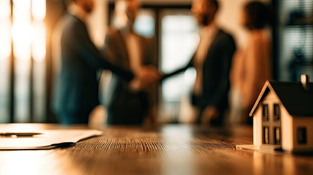 Business people shaking hands over a table with a house model