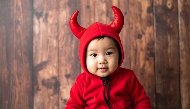 Adorable baby wearing a red devil costume with horns, looking at the camera with a playful expression, rustic wooden background, Halloween celebration