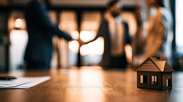 Tiny house model on table, people shaking hands in blurry background