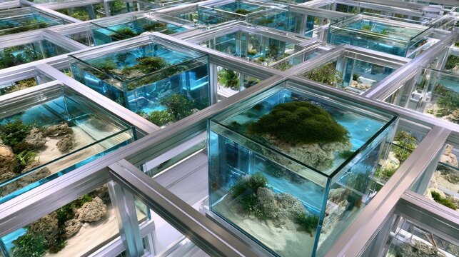 Grid of cubical aquariums displaying miniature ecosystems and marine life