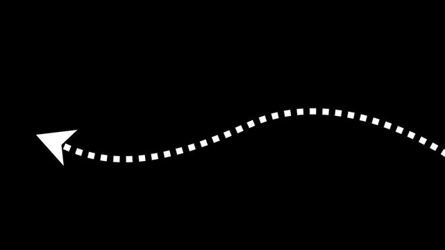 Minimalist white dotted line moving in a wavy path with an arrow pointing left on a transparent alpha channel background.