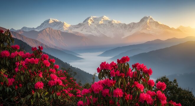 Stunning Himalayan mountain range with vibrant red rhododendron flowers at sunrise.