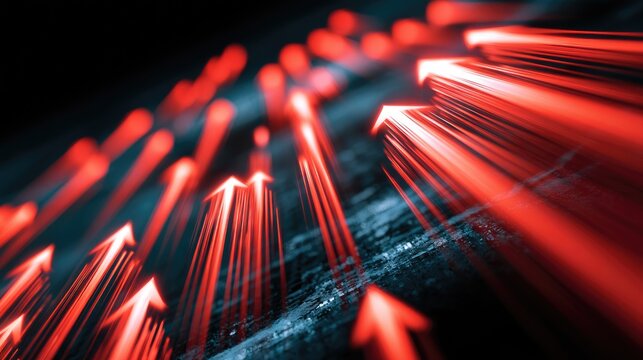 Streaks of red arrows ascend against a dark, textured background